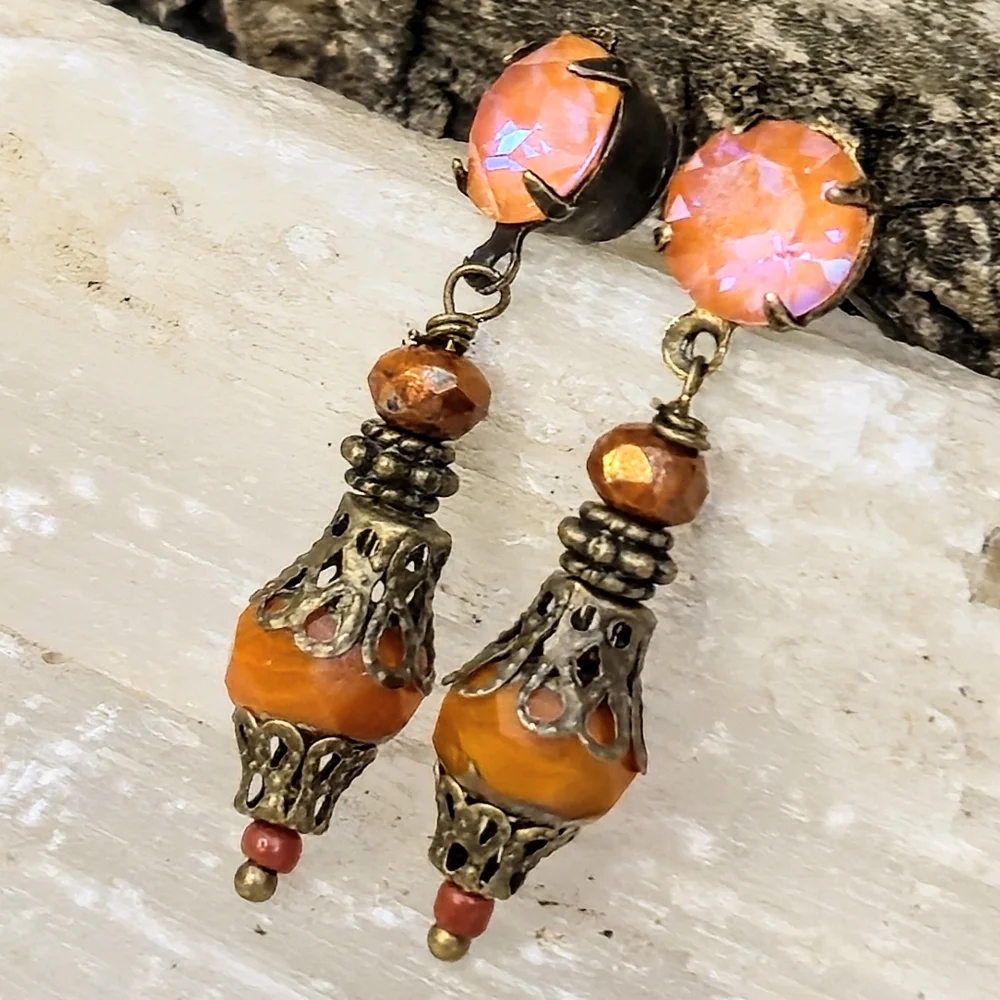 Victorian Rustic Autumn's Pumpkin Orange Crystal & Glass In Brass Earrings - Picture 3 of 8